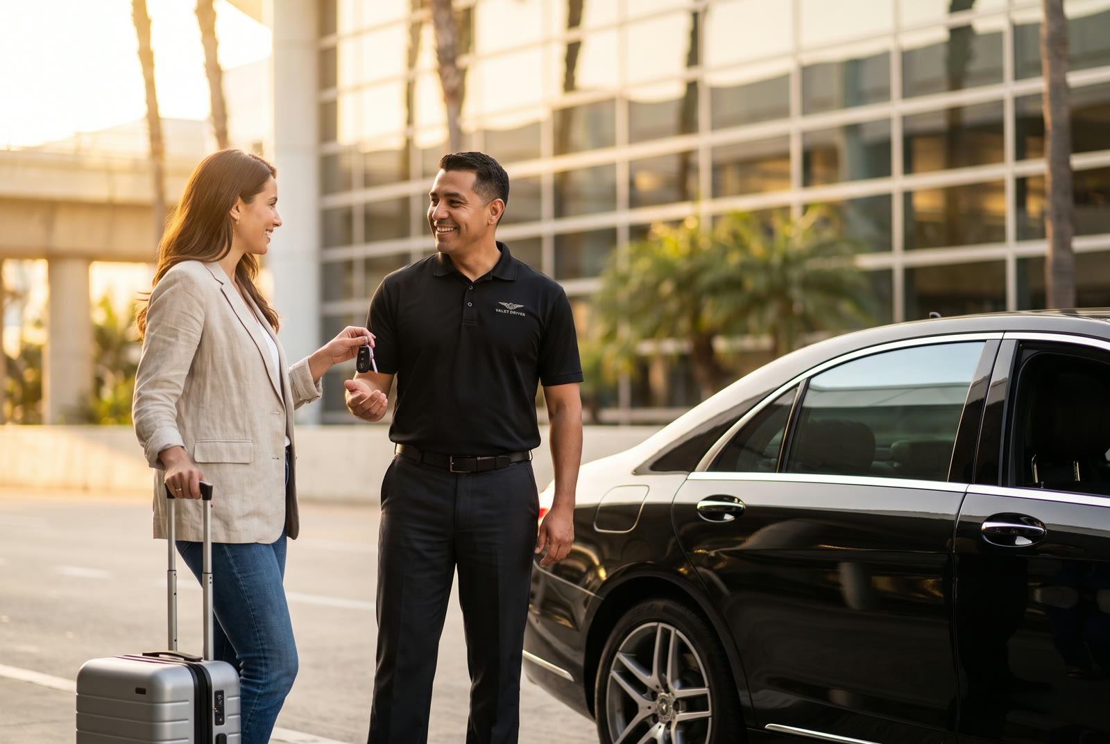 Valet taking a traveler's keys beside a black sedan at the LAX curb