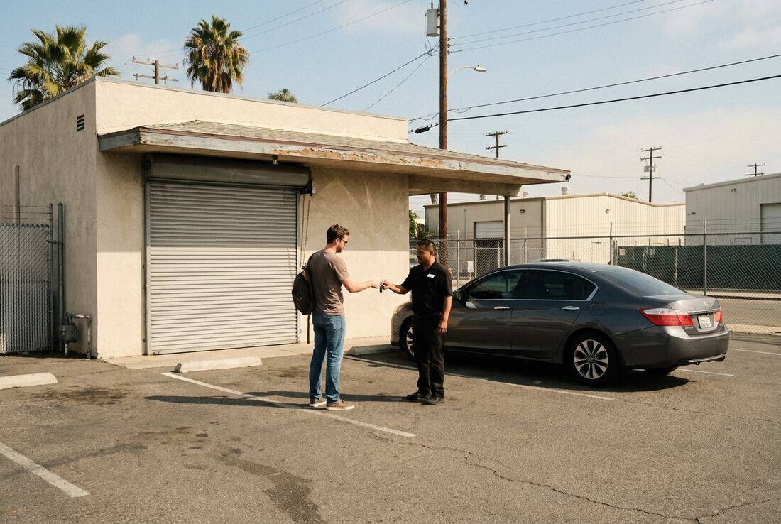 Traveler handing keys to a valet outside the office near LAX